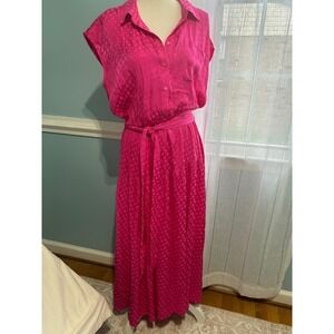 ON-34TH Hot Pink Jacquard Polka Dot Maxi Dress Sleeveless Tiered Button Front L